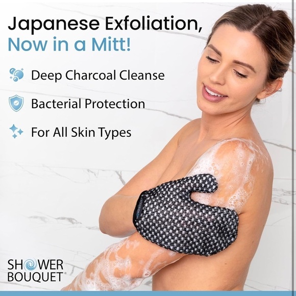 Japanese Exfoliating Mitt, Shower Charcoal Gentle Or Deep Cleansing Exfoliating‍ - Picture 2 of 7